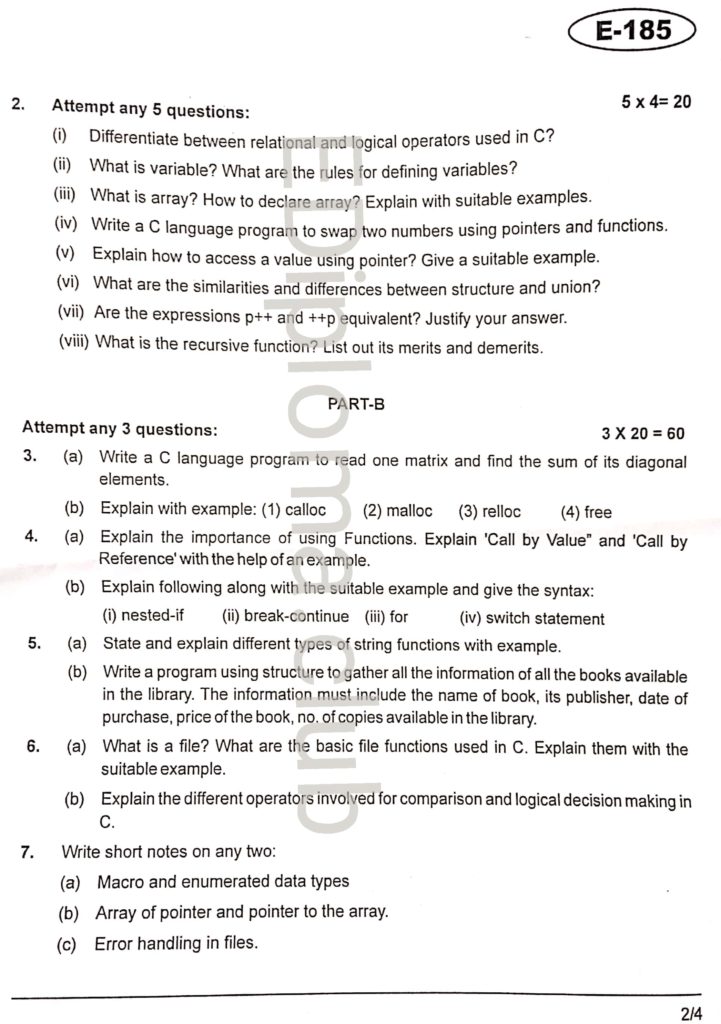 BTE Question paper of Programming in C