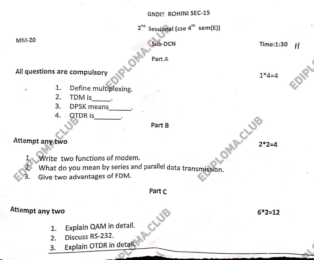 Sessional Question Paper of Data Communication Network