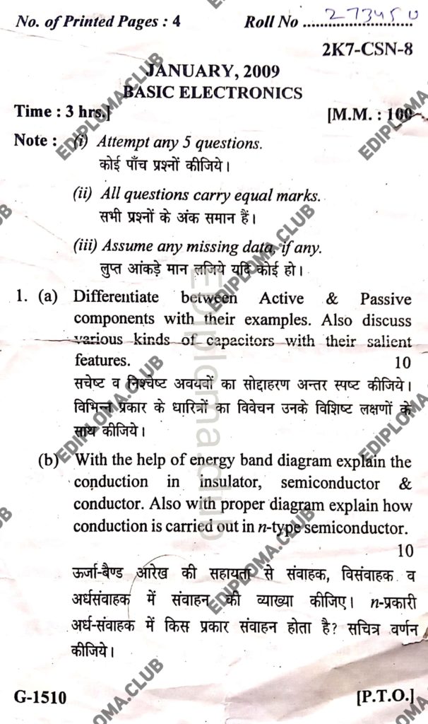 BTE QUestion Paper of Basic Electronics 2009