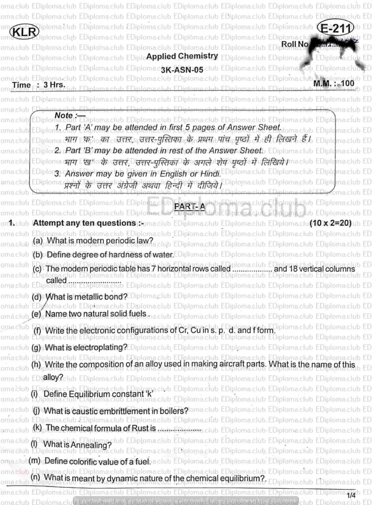 BTE Question Paper of Applied Chemistry