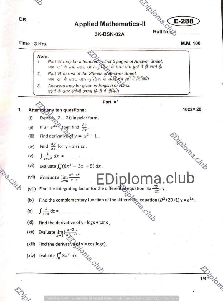 BTE Question Paper for Applied Mathematics 2 2018