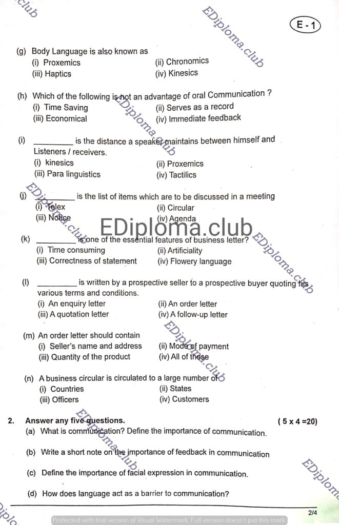 BTE Question Paper of Communication Skills