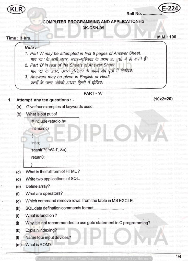 BTE Question Paper of Computer Programming and Applications