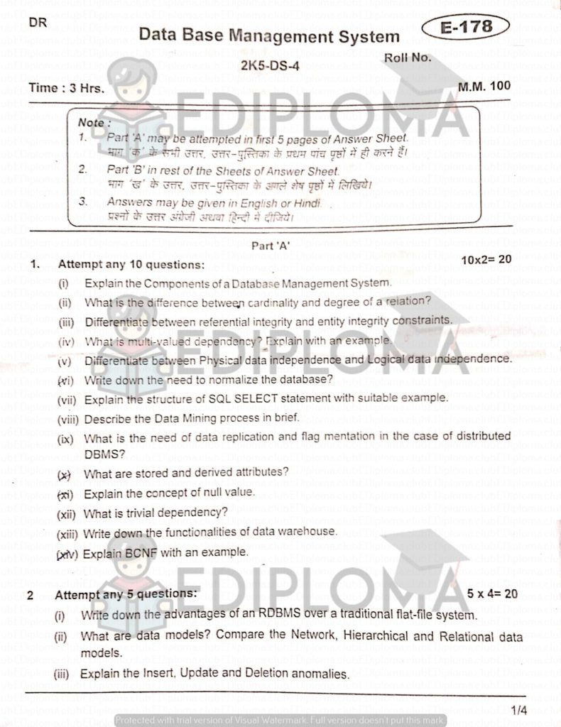 BTE Question Paper of Data Base Management System 2018