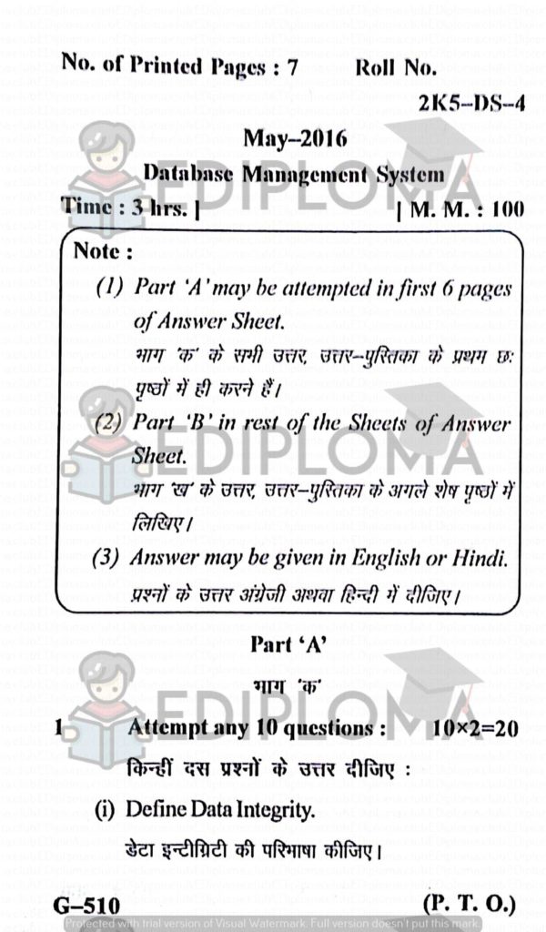 BTE Question Paper of DBMS 2016