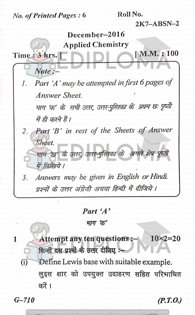 BTE Question Paper of Applied Chemistry 2016