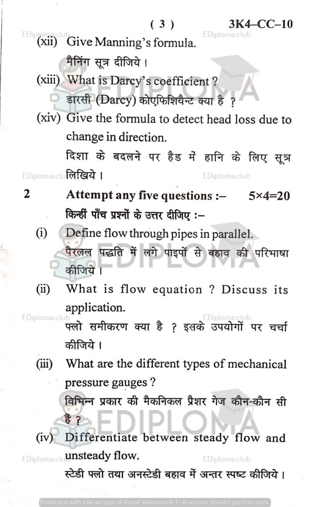 BTE Question Paper of Hydraulics 2016