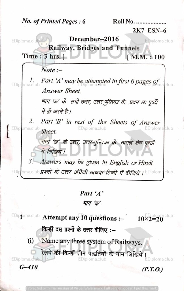 BTE Question Paper of Railway, Bridges, and Tunnels 2016