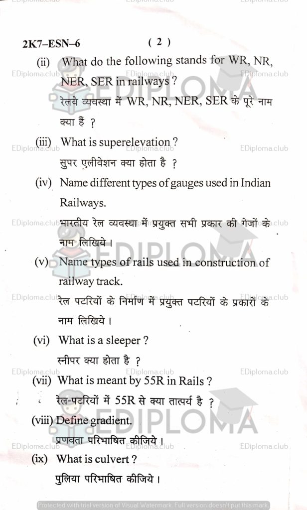 BTE Question Paper of Railway, Bridges, and Tunnels 2016