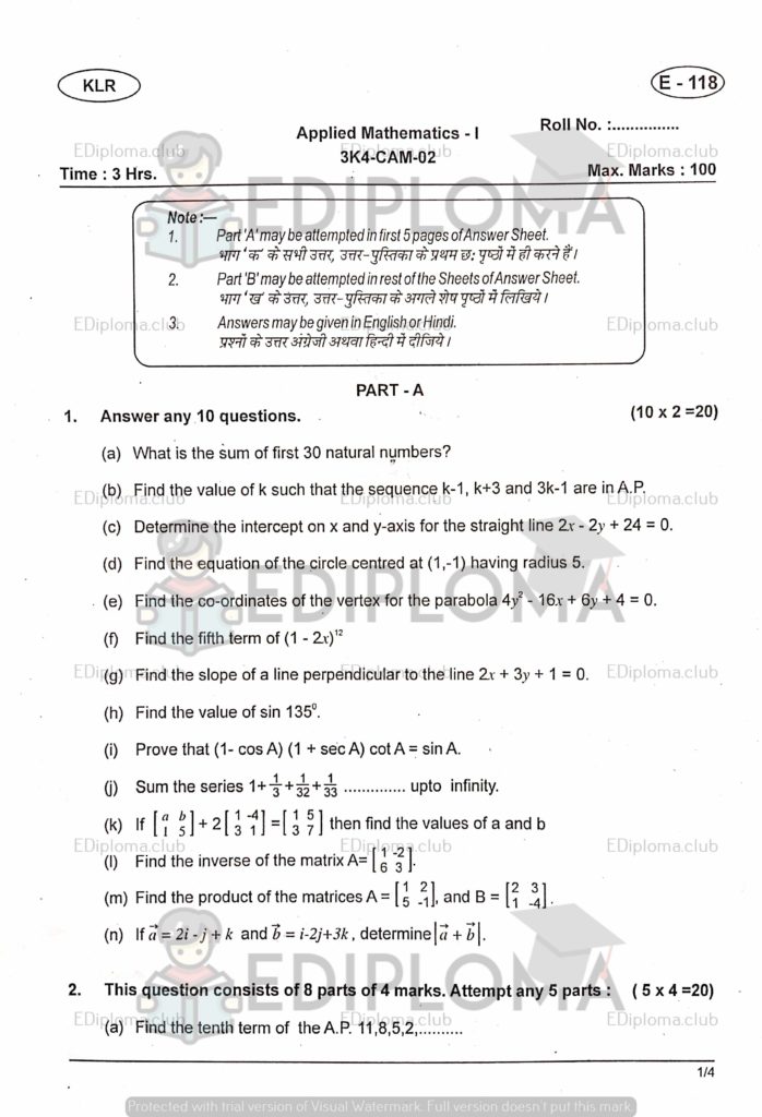 BTE Question Paper of Applied Maths-1 for Civil Engineering 2017