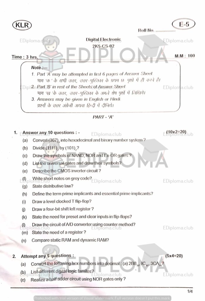 BTE Question Paper of Digital Electronics 2018