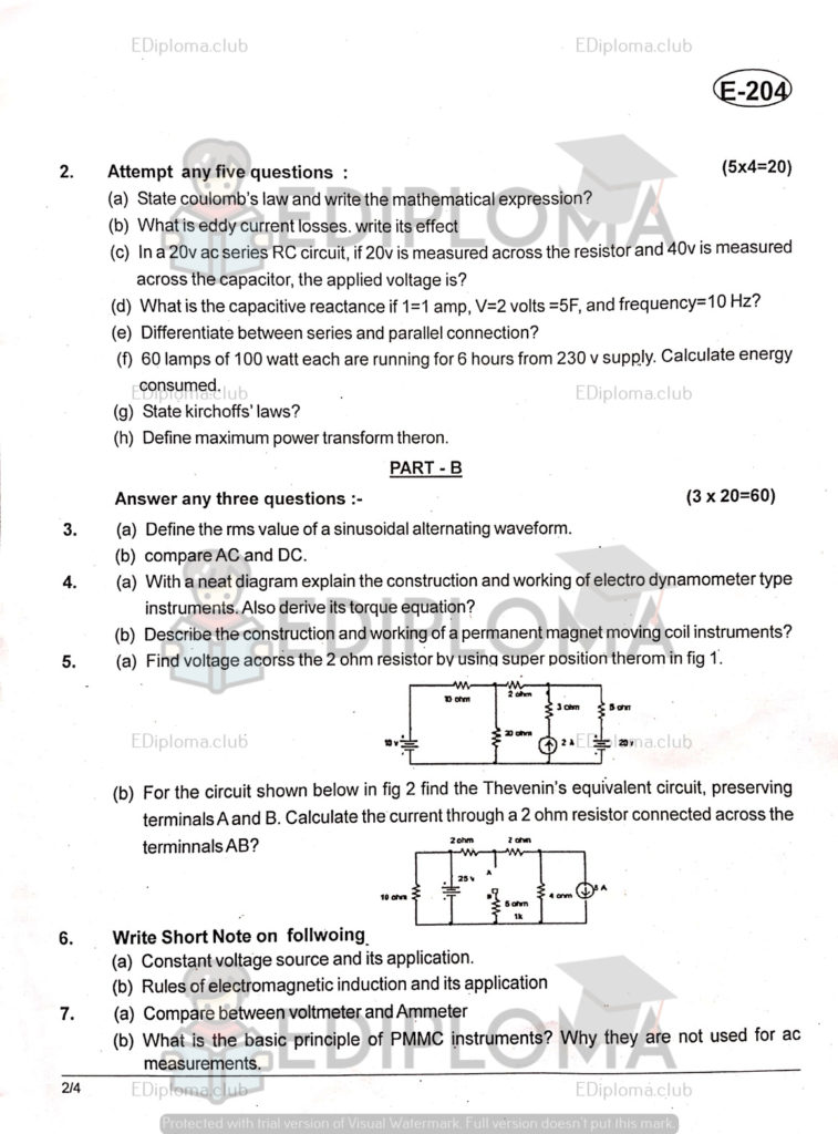 BTE Question Paper of Basic Electricity for Medical Electronics