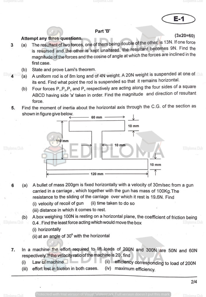 BTE Question Paper of Applied Mechanics 2018