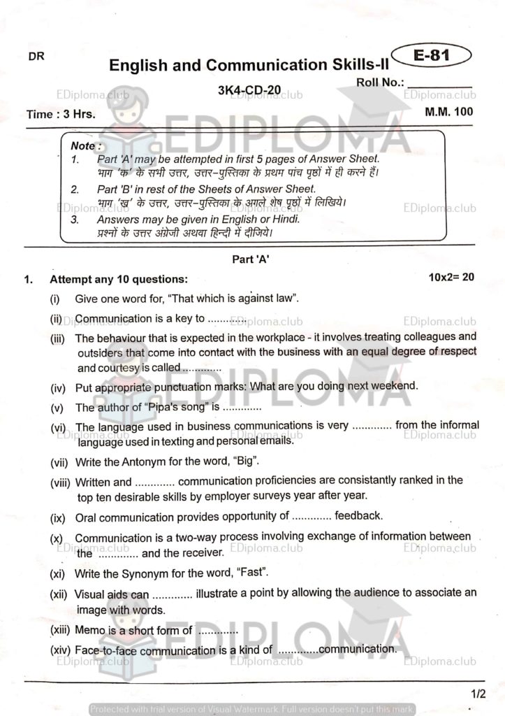 BTE Question Paper of English and Communication Skills 2 2018
