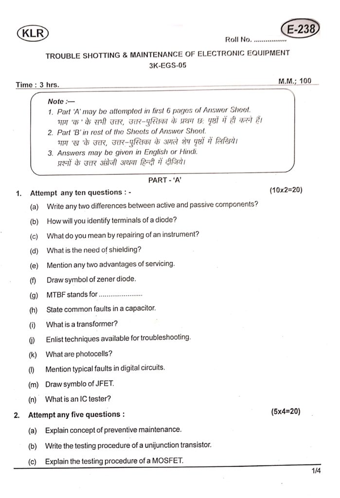 BTE Question Paper of Trouble Shotting  Maintenance of Electronic Equipment
