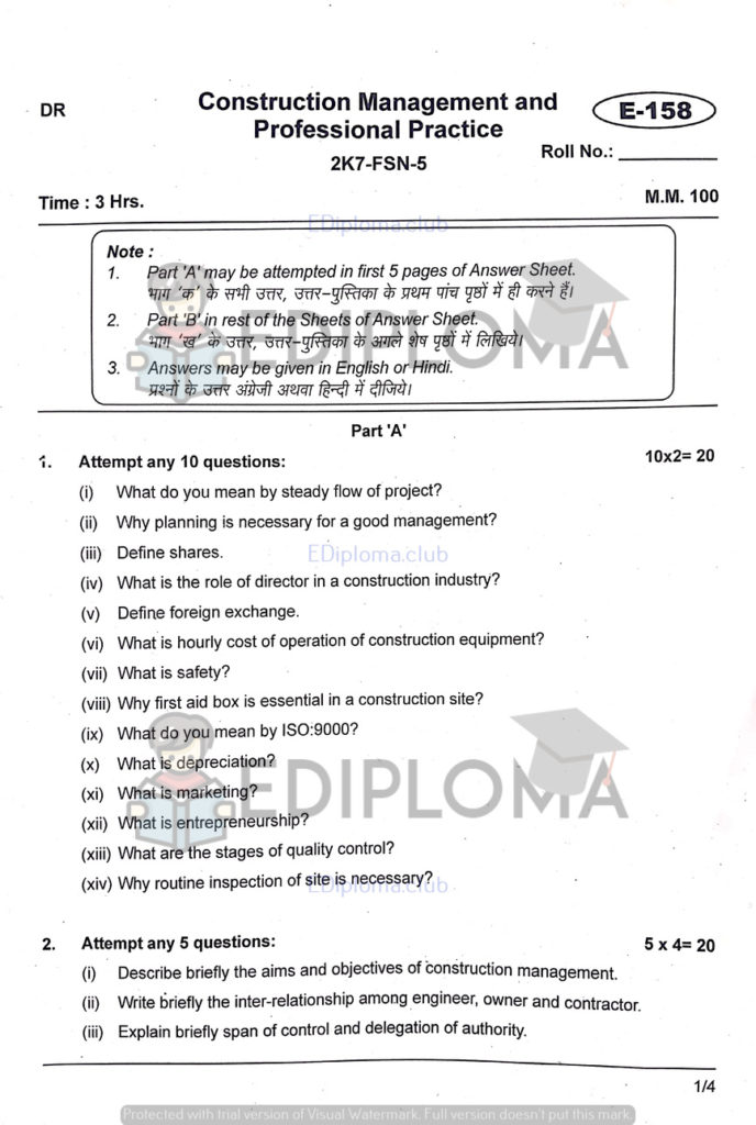 BTE Question Paper of Construction Management and Professional Practice 2018