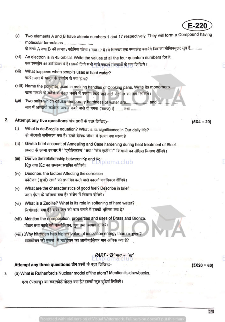 BTE Question Paper of Applied Chemistry 2017