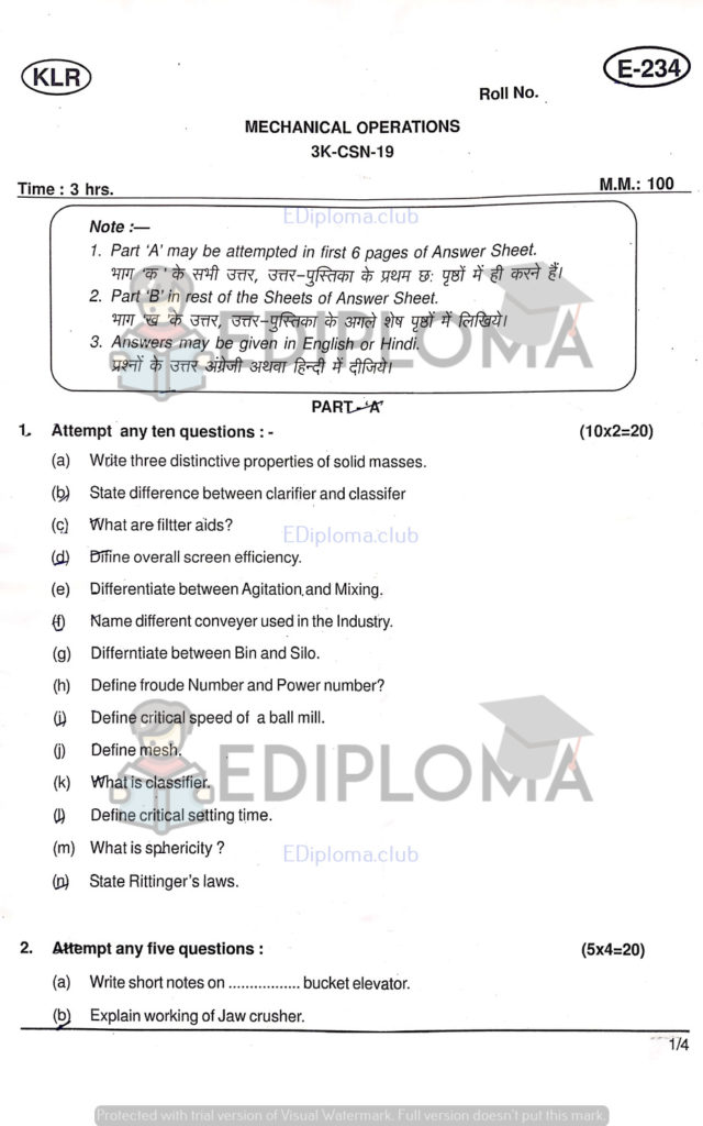 BTE Question Paper of Mechanical Operations 2018