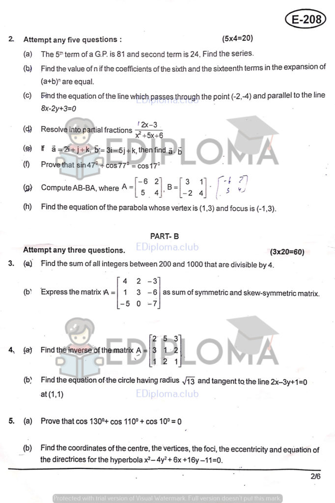 BTE Question Paper of Applied Mathematics-1
