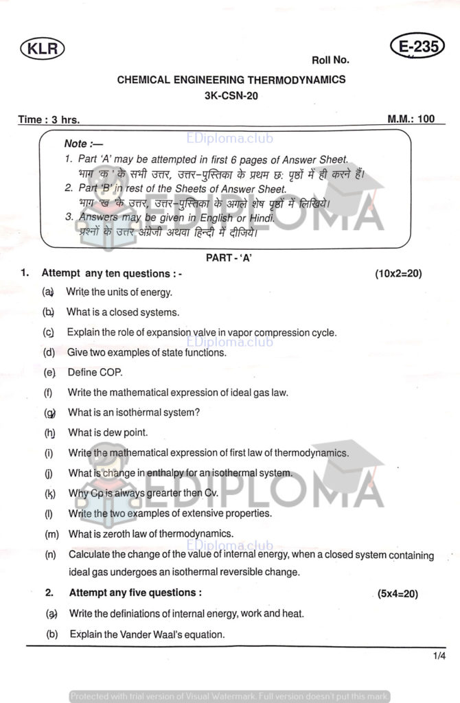 BTE Question Paper of Chemical Engineering Thermodynamics