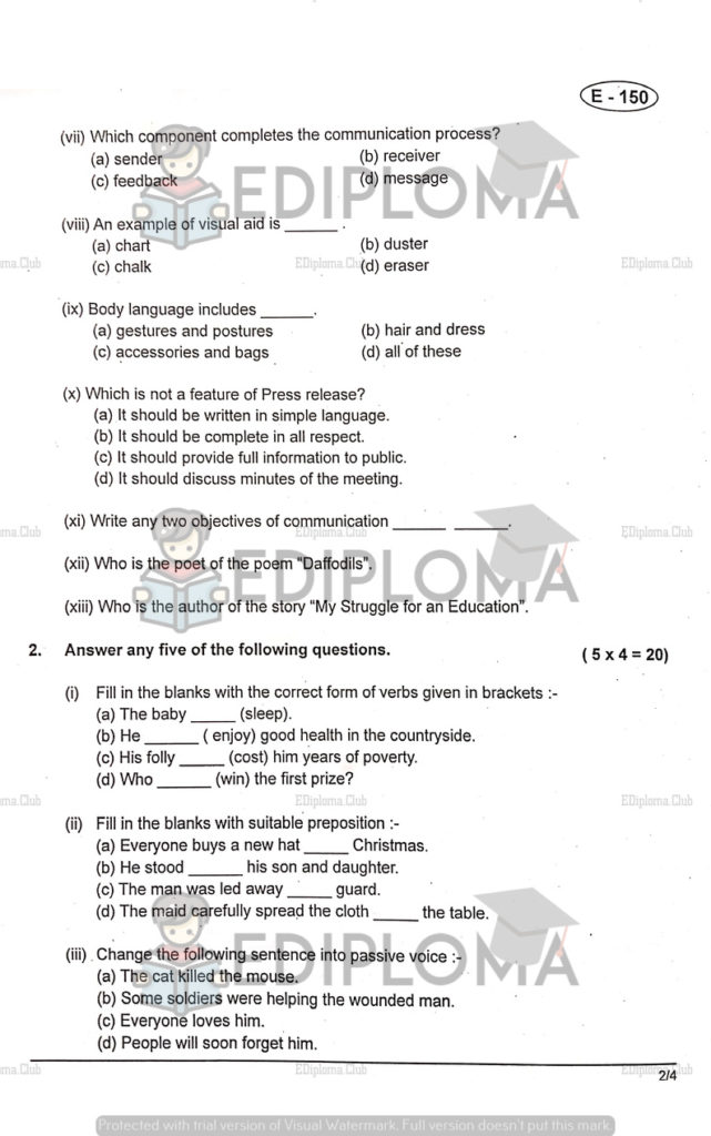 BTE Question Paper of English and Communication Skills-1 2018