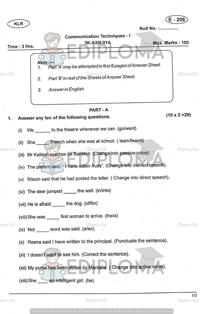 BTE Question Paper of Communication Techniques-1(Electrical Engineering) 2018