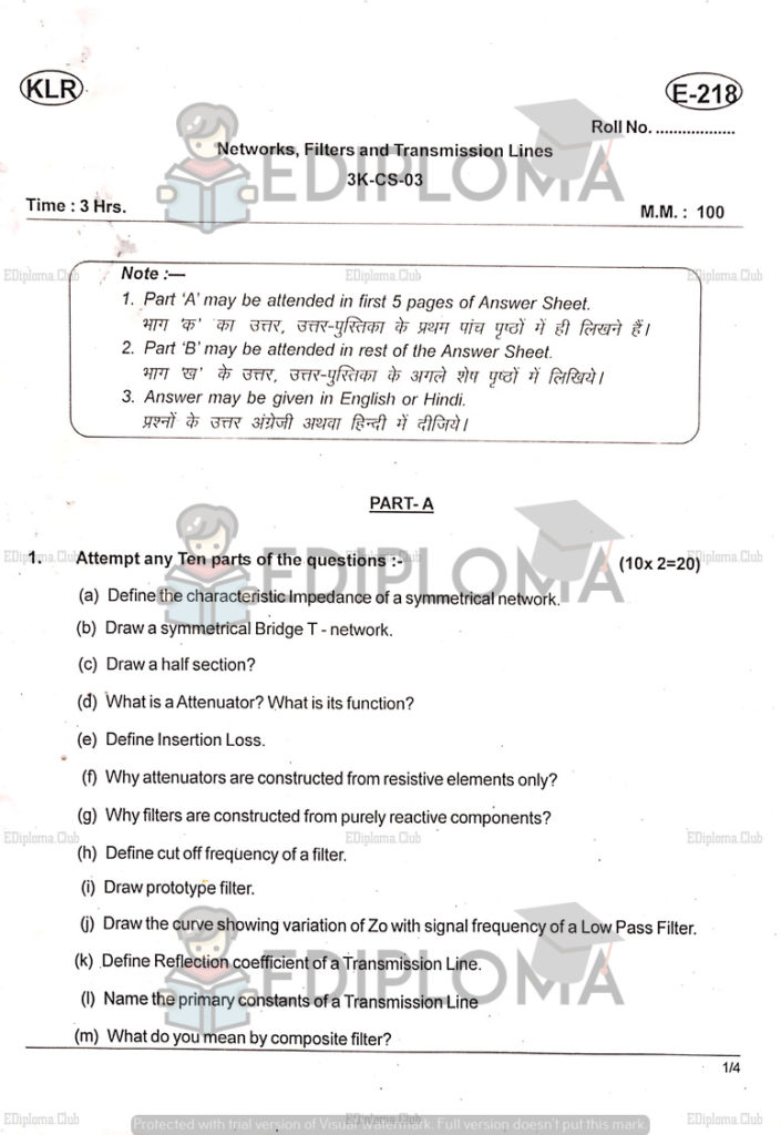 BTE Question Paper of Networks Filter and Transmission Lines