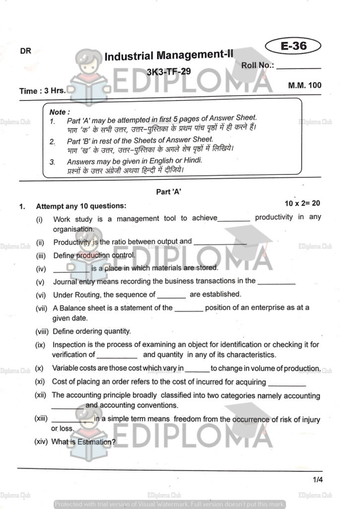 BTE Question Paper of Industrial Management 2 2018