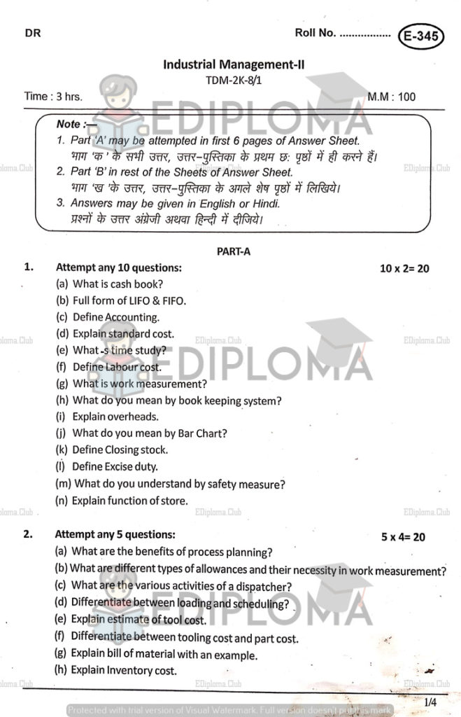 BTE Question Paper of Industrial Management 2 2018(2K)