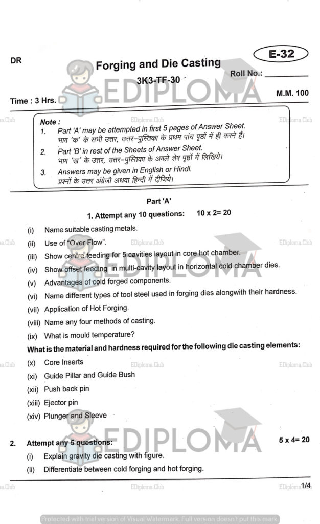 BTE Question Paper of Forging and Die Casting 2018