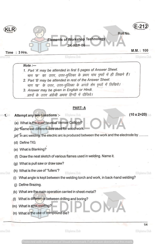 BTE Question Paper of Elements of Workshop Technology 2018
