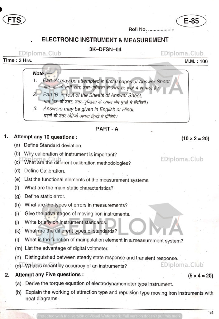 BTE Question Paper of Electronic Instrument and Measurement 2019