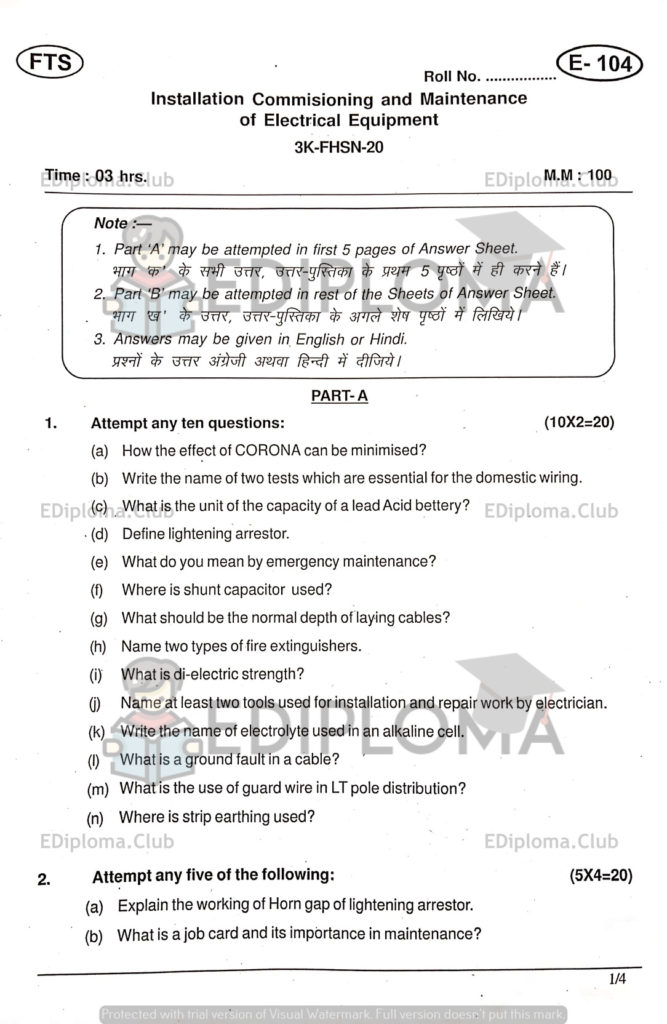 BTE Question Paper of Installation Commissioning and Maintenance of Electrical Equipment 2019