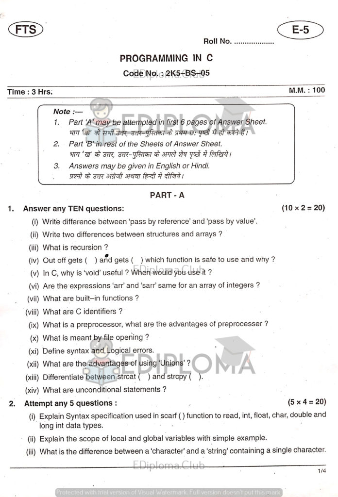 BTE Question Paper of Programming in C 2019