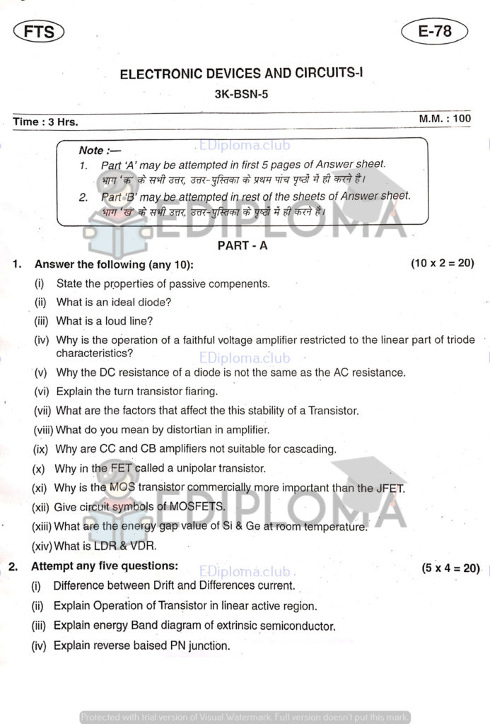 BTE Question Paper of Electronic Devices and Circuits-1 2019