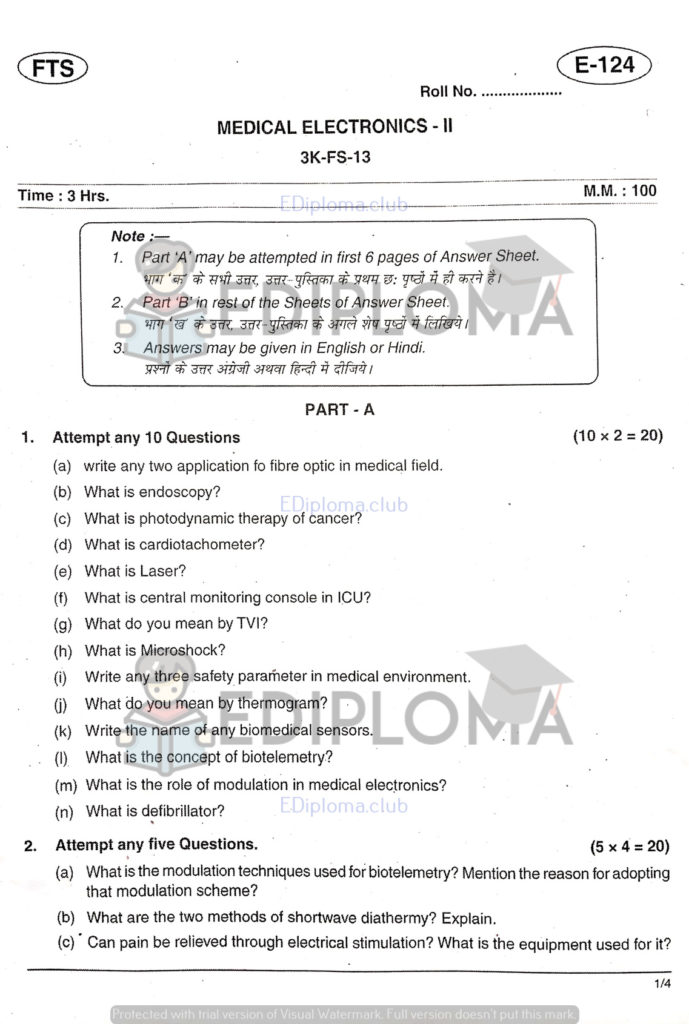 BTE Question Paper of Medical Electronics 2 2019