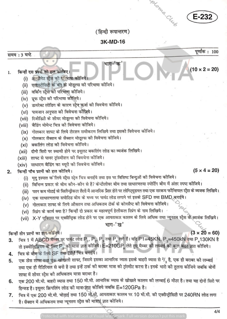 BTE Question Paper of Strength of Materials 2019